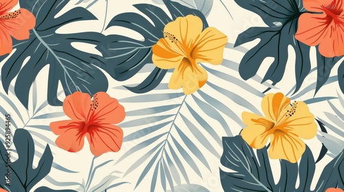 Create a minimalist tropical pattern featuring simple palm fronds and tropical flowers.