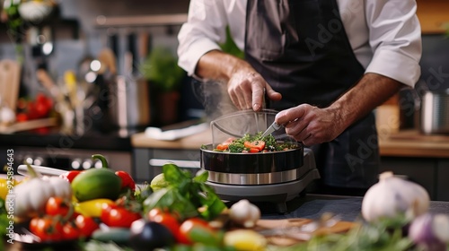 Create a modern kitchen with a chef using a food processor to make a smooth, creamy sauce, surrounded by fresh ingredients and high-tech appliances.