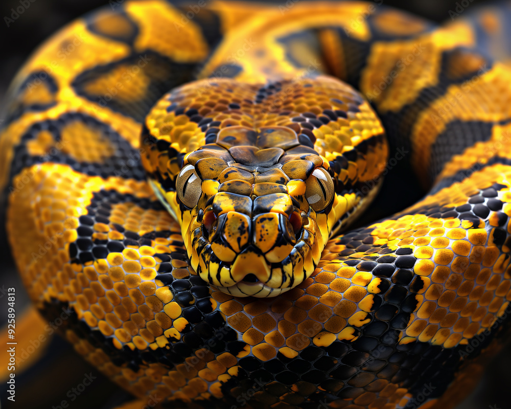 Close-Up of a Vibrant Yellow and Black Python Coiled in a Dramatic Pose Close-Up of a Vibrant Yellow and Black Python Coiled in a Dramatic Pose