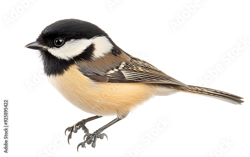 A small, brown and black bird with a white patch on its head is perched on a white background. Its beak is pointed and it has a dark eye. It has long, brown wings and a long, brown tail. photo