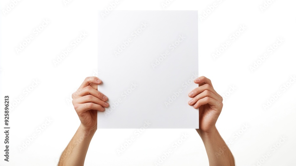 Hands Holding Poster. Vertical Paper Sheet with Virtual Reading on White Background Hands Holding Poster. Vertical Paper Sheet with Virtual Reading on White Background