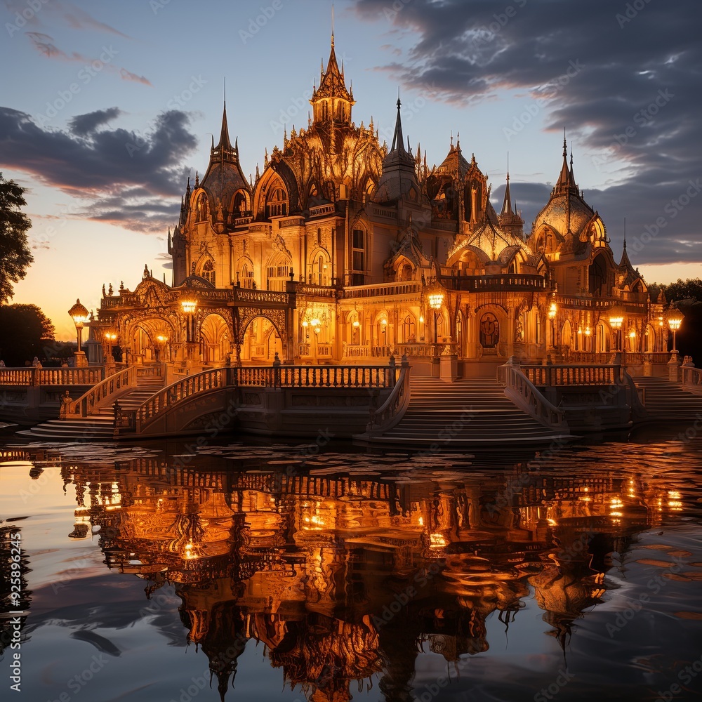 Obraz premium Stunning Golden Palace at Sunset - CGI Architecture in Raw Style
