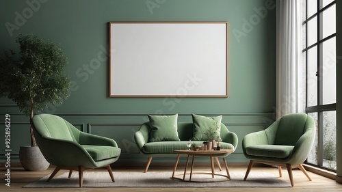 mockup frame, modern living room interior, green pastel, background 