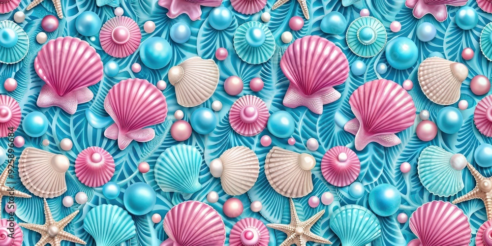 Pink and blue seashells with pearls seamless pattern, beach, underwater, ocean, marine, sea life, nautical, elegant Pink and blue seashells with pearls seamless pattern, beach, underwater, ocean, marine, sea life, nautical, elegant