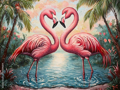 Flamingos in love, tropical paradise. photo