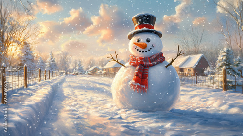 A cheerful snowman wearing a top hat and scarf, standing in a snowy yard with a carrot nose and stick arms.