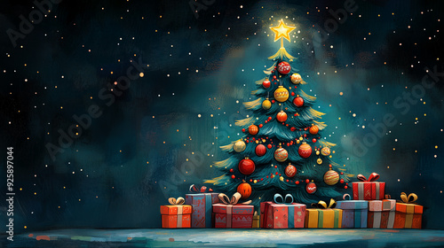A decorated Christmas tree with twinkling lights, ornaments, and a shining star on top, surrounded by wrapped gifts.