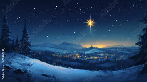 A Christmas star shining brightly in the night sky, with a peaceful snowy landscape.