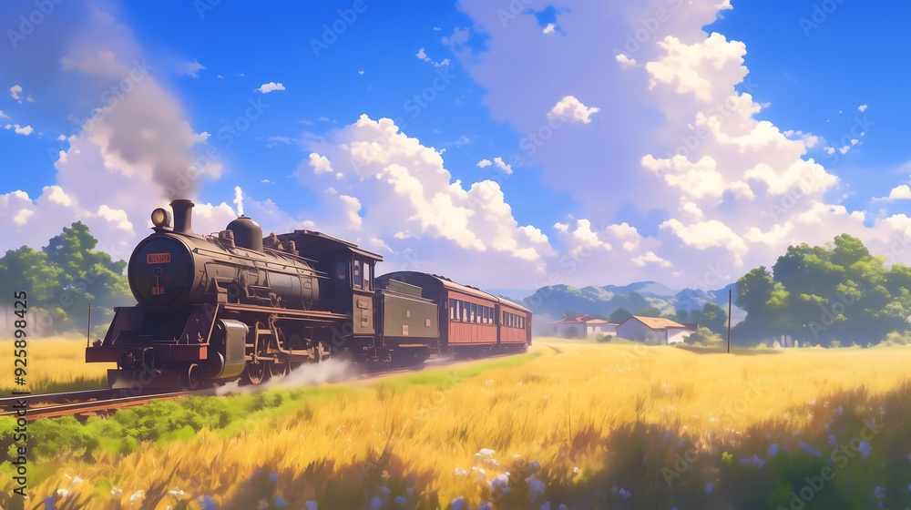 Fototapeta premium train and village landscape anime style