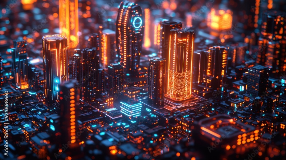 A vibrant city skyline illuminated by countless light spots with a backdrop of fiber optics creating a dynamic urban nightscape A vibrant city skyline illuminated by countless light spots with a backdrop of fiber optics creating a dynamic urban nightscape