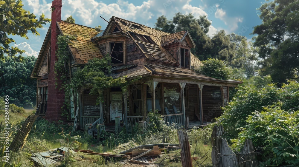 Create a scene of an old house with shattered glass, peeling paint, and a sagging roof. Create a scene of an old house with shattered glass, peeling paint, and a sagging roof.