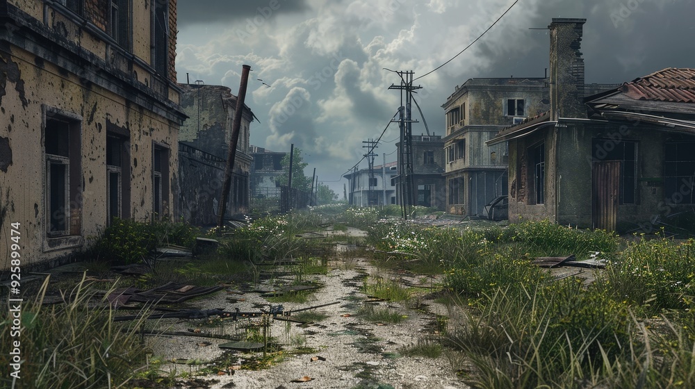 Create a scene with an isolated road leading through a deserted ghost town, with empty buildings and overgrown weeds. Create a scene with an isolated road leading through a deserted ghost town, with empty buildings and overgrown weeds.