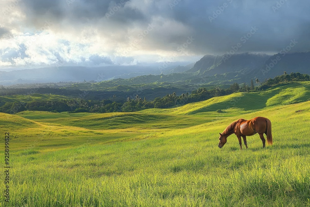 Hawaii Ranch. Summer grazing: Horse in lush green pasture under blue sky Hawaii Ranch. Summer grazing: Horse in lush green pasture under blue sky