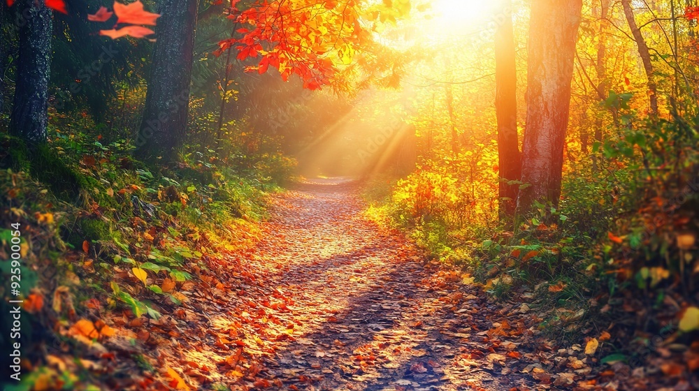 Golden Autumn Path: A sun-drenched path winds through a vibrant autumn forest, leaves ablaze in fiery hues, creating a captivating scene of tranquility and natural beauty. 