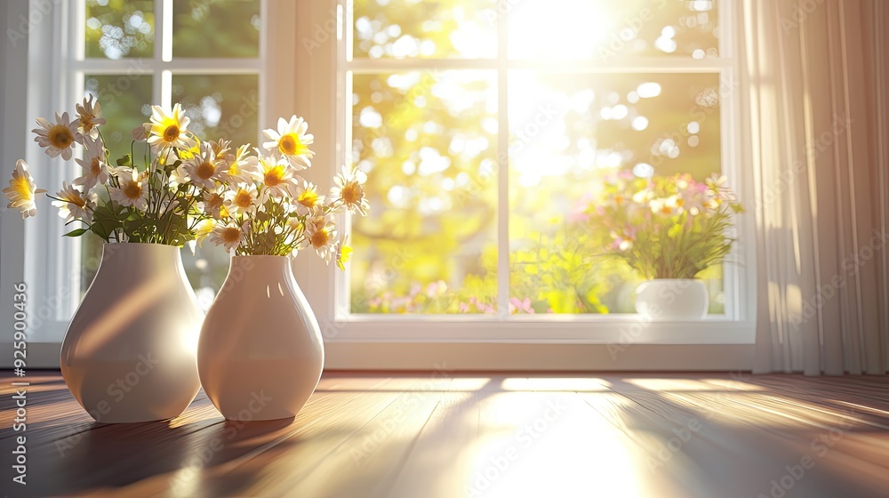 3D sun illustration casting warm light through large windows, white vases filled with flowers in view. 3D sun illustration casting warm light through large windows, white vases filled with flowers in view.