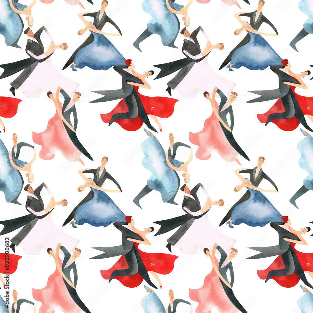 Ballroom dancing, standard. Adult couples on the parquet. Isolated watercolor illustration. Seamless pattern. White background Ballroom dancing, standard. Adult couples on the parquet. Isolated watercolor illustration. Seamless pattern. White background