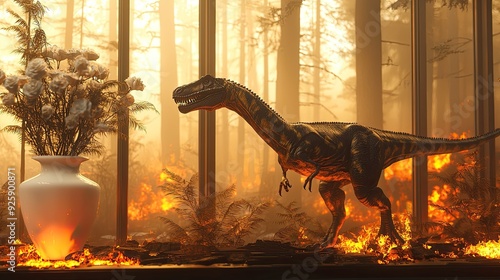 3D-rendered dinosaur in a burning forest, with large windows and white vases of flowers softly lit. photo