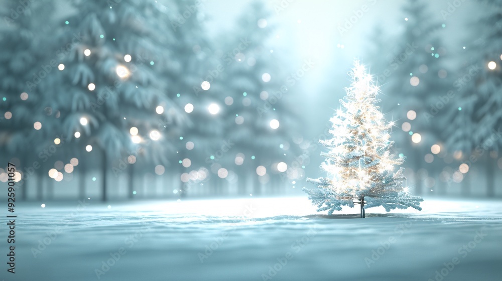 A 3D Christmas background featuring a snowy forest with twinkling lights and a decorated tree, offering plenty of copy space for holiday messages.