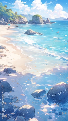 Serene Dreamy Beach with Cherry Blossoms: A Tranquil Anime-Style Seascape for Gaming and Storybook Illustrations in 4K. photo