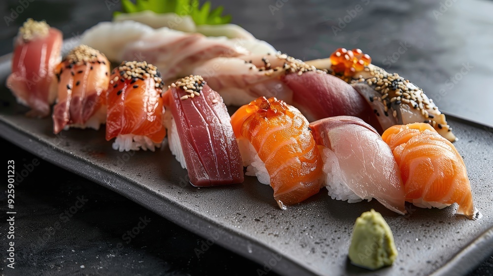 Create a sophisticated sushi presentation with premium ingredients like toro and uni, served on a sleek, modern platter Create a sophisticated sushi presentation with premium ingredients like toro and uni, served on a sleek, modern platter