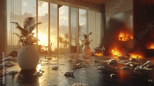 3D-rendered scene of animals dying during a volcanic eruption, with large windows and white flower vases softly lit. photo