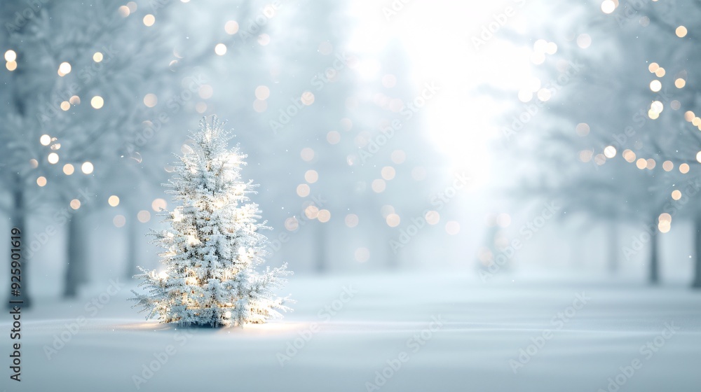 Fototapeta premium A 3D Christmas background featuring a snowy forest, twinkling lights, and a decorated tree, with plenty of copy space for text or design elements.