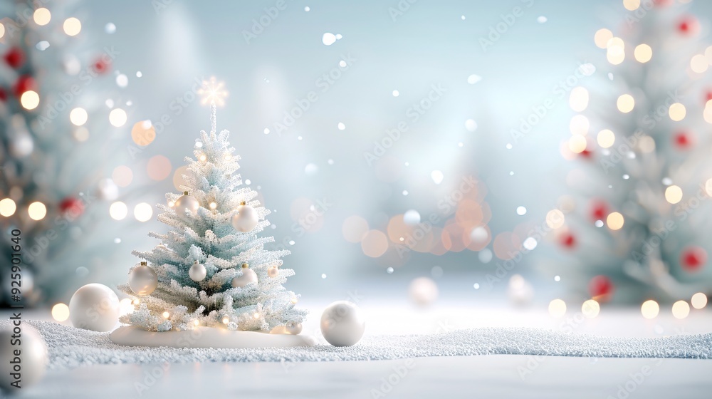 A 3D Christmas background featuring a snowy forest, twinkling lights, and a decorated tree, with plenty of copy space for text or design elements.