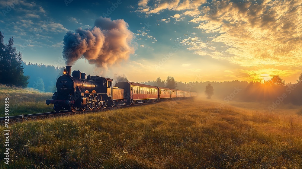 Fototapeta premium train and village landscape anime style