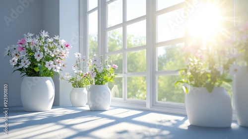 A bright 3D sun shining through large windows, white vases with blooming flowers on the window sill.