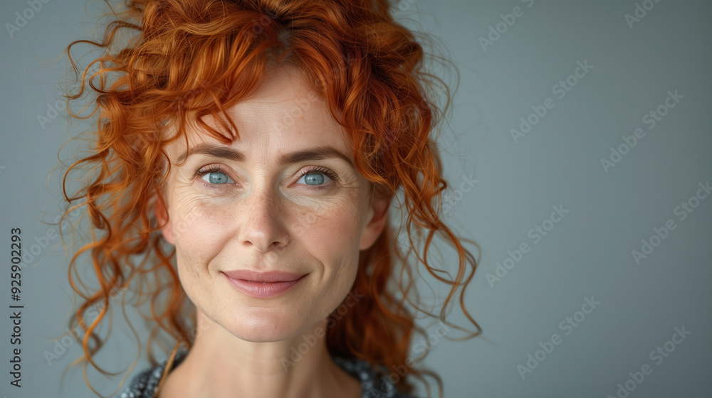 Portrait of beautiful smiling senior woman with red curly hair looking at camera over grey background Portrait of beautiful smiling senior woman with red curly hair looking at camera over grey background