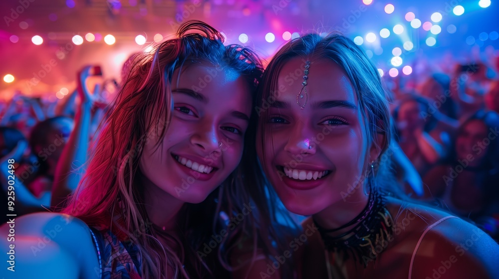 Two young women taking a selfie photo at a concert with a crowd in the background, Two young women taking a selfie photo at a concert with a crowd in the background,