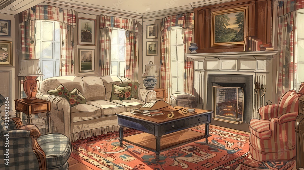 Create a traditional living room sketch with a cozy sofa, an elegant coffee table, and a rich, patterned rug Create a traditional living room sketch with a cozy sofa, an elegant coffee table, and a rich, patterned rug