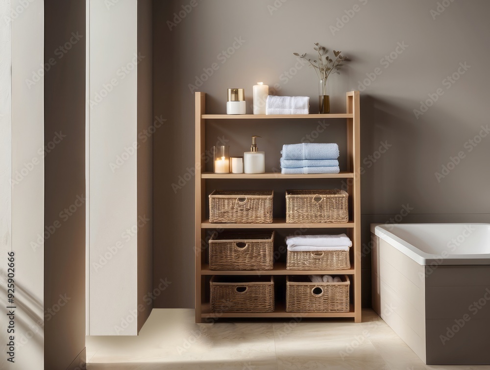 Wooden Shelf Unit with Wicker Baskets and Bath Essentials in Bathroom Wooden Shelf Unit with Wicker Baskets and Bath Essentials in Bathroom
