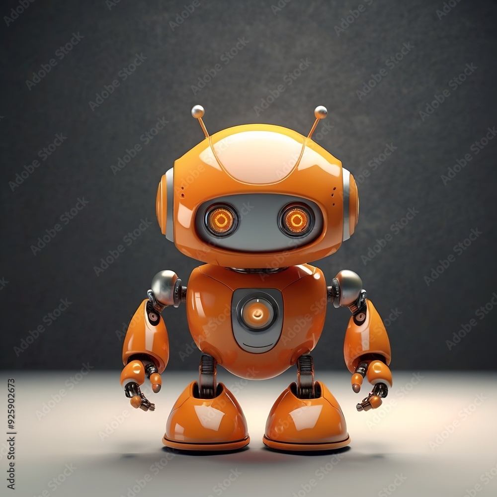 Positive cute robot . Small cute orange robot, Copy space. 3d background . Positive cute robot . Small cute orange robot, Copy space. 3d background .