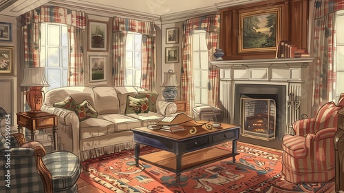 Create a traditional living room sketch with a cozy sofa, an elegant coffee table, and a rich, patterned rug