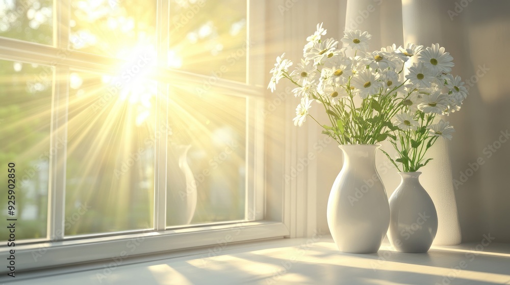 Bright 3D sun illustration casting soft rays through large windows, white vases with flowers on the sill. Bright 3D sun illustration casting soft rays through large windows, white vases with flowers on the sill.