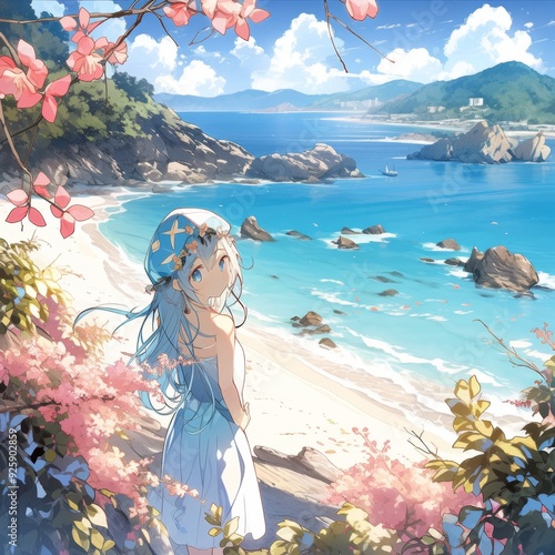 Serene Dreamy Beach with Cherry Blossoms: A Tranquil Anime-Style Seascape for Gaming and Storybook Illustrations in 4K. photo