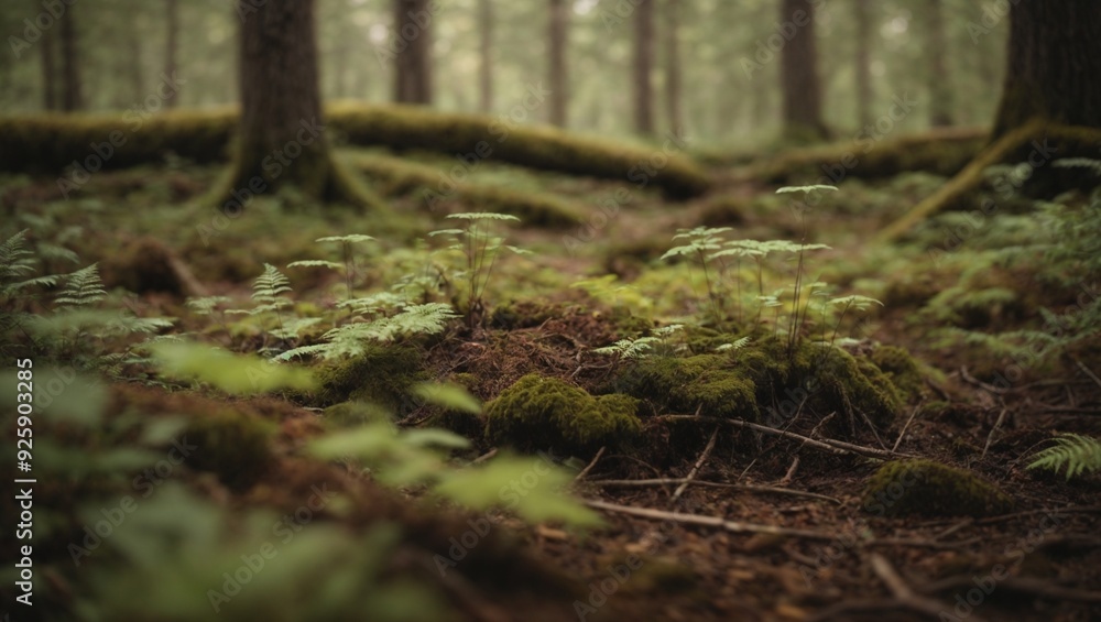Obraz premium Lush forest cover with moss and ferns in a misty pine forest
