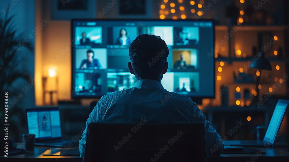 backview businessman video call with his team for discuss backview businessman video call with his team for discuss