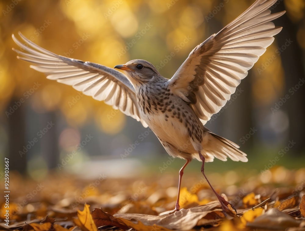 A Bird with Spread Wings Standing on Fallen Autumn Leaves A Bird with Spread Wings Standing on Fallen Autumn Leaves