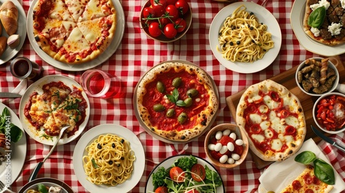 Create a vibrant scene of an Italian trattoria with classic red and white checkered tablecloths