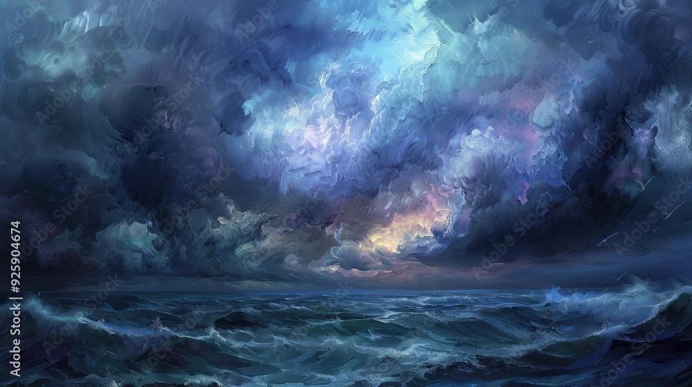 Create a vivid portrayal of dark clouds with heavy, cascading rain, adding a sense of movement and intensity to the stormy atmosphere. Create a vivid portrayal of dark clouds with heavy, cascading rain, adding a sense of movement and intensity to the stormy atmosphere.