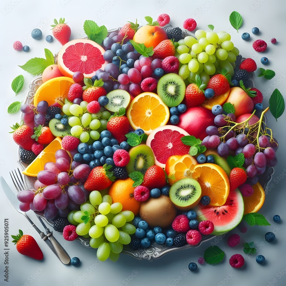 Colorful and Vibrant Fruit Platter with Berries and Grapes