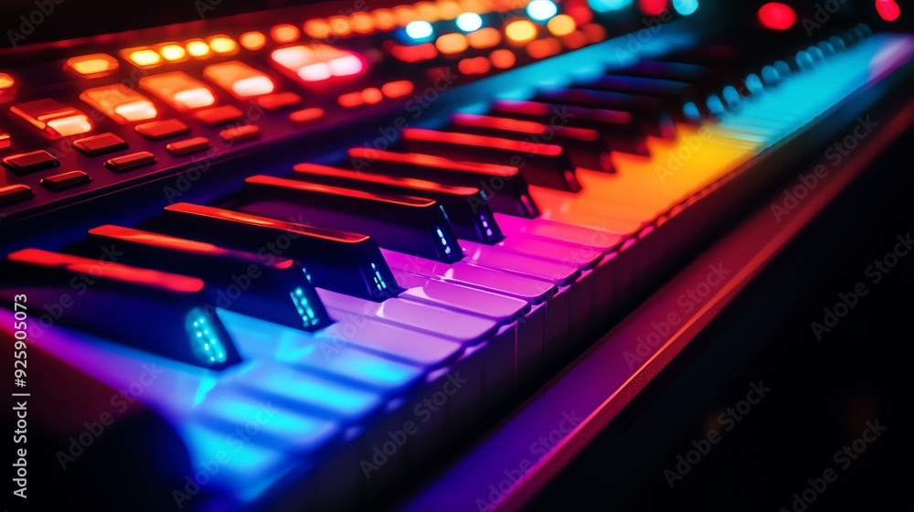 A vibrant, backlit electronic keyboard with colorful LED lights, glowing in the dark A vibrant, backlit electronic keyboard with colorful LED lights, glowing in the dark