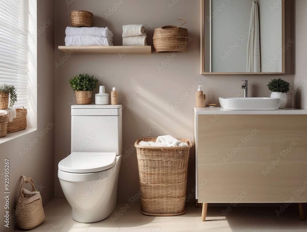 Modern Bathroom with White Toilet and Wicker Accents Modern Bathroom with White Toilet and Wicker Accents