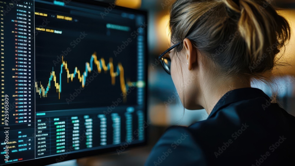 Businesswoman looking at declining stock charts on a screen, dimly lit office, focus on financial crisis, layoff consequences Businesswoman looking at declining stock charts on a screen, dimly lit office, focus on financial crisis, layoff consequences