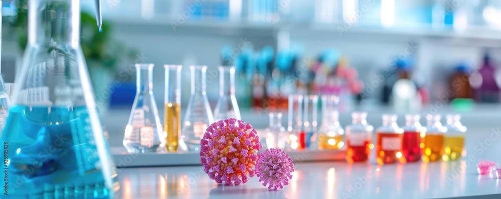 Close-up of lab equipment and flu virus samples on a workbench, laboratory, medical research Close-up of lab equipment and flu virus samples on a workbench, laboratory, medical research