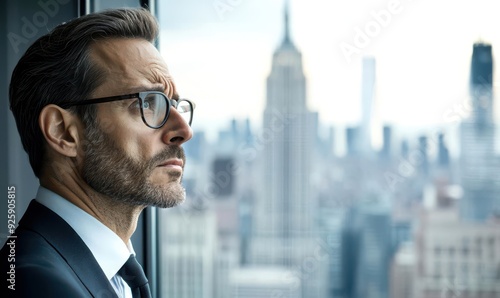 CEO looking out a window with a troubled expression, high-rise cityscape, contemplating strategic business decisions, layoffs looming