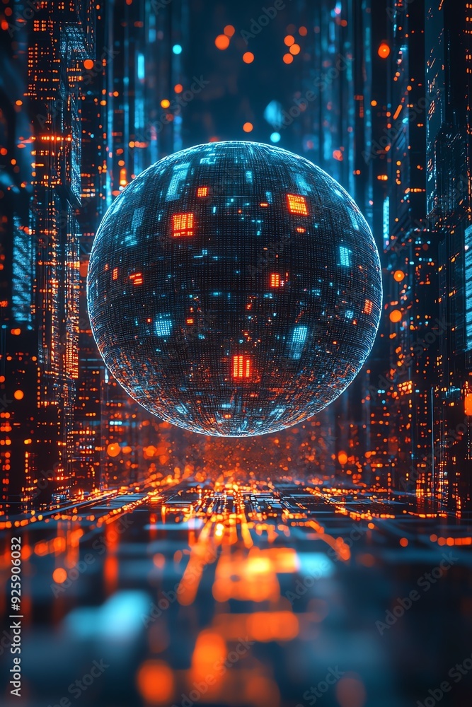 © Creative_Bringer - Glowing digital globe, neon lights, futuristic data center, reflective surfaces © Creative_Bringer - Glowing digital globe, neon lights, futuristic data center, reflective surfaces