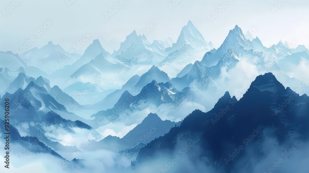 Create a Zen-inspired mountain landscape with misty peaks and serene valleys. Create a Zen-inspired mountain landscape with misty peaks and serene valleys.
